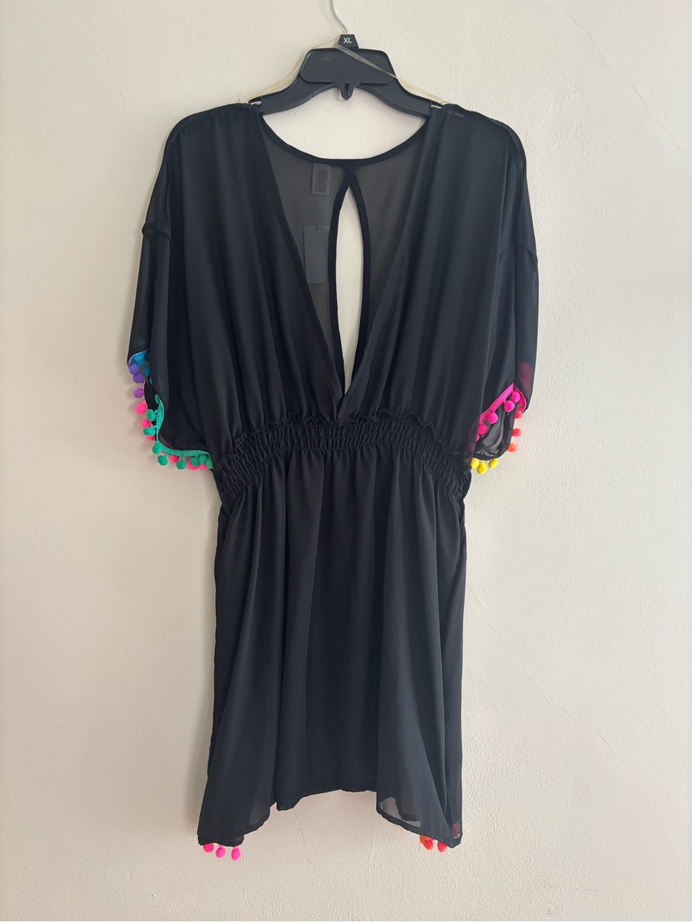 BONGO Black V-Neck Tunic with Multicolor Pom-Pom Trim